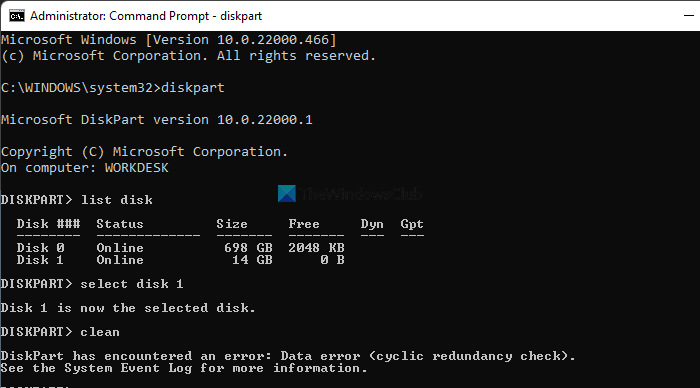DiskPart has encountered an error Data error cyclic redundancy check