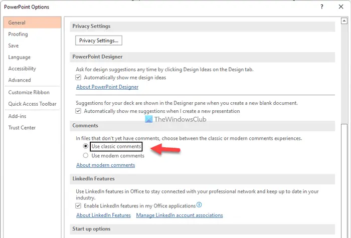 How to enable or disable Modern Comments in PowerPoint