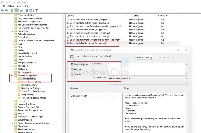 enable lid cosed action group policy windows