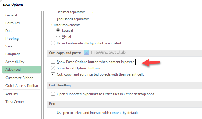 How to hide Paste Options button after pasting in Excel