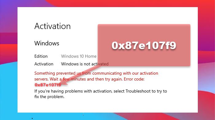 0x87e107f9 Windows Activation Error