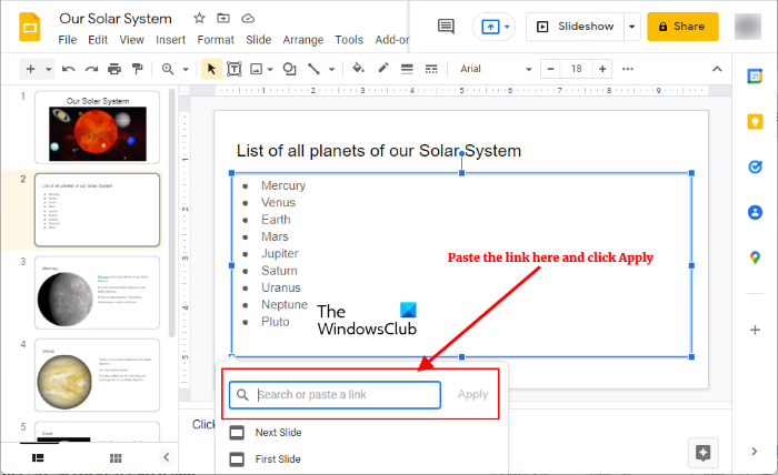 Add link to editing box Google Slides