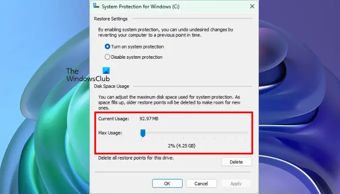 Allot maximum space to create System Restore Points