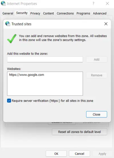 Change Trusted sites settings