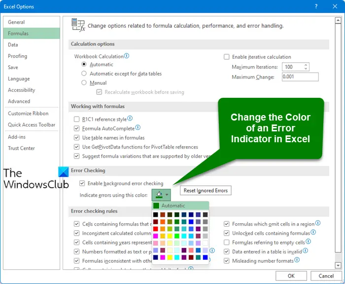 How to change the Color of an Error Indicator in Excel