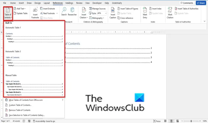 How to use Edit, Update, Remove a Table of Contents in Word