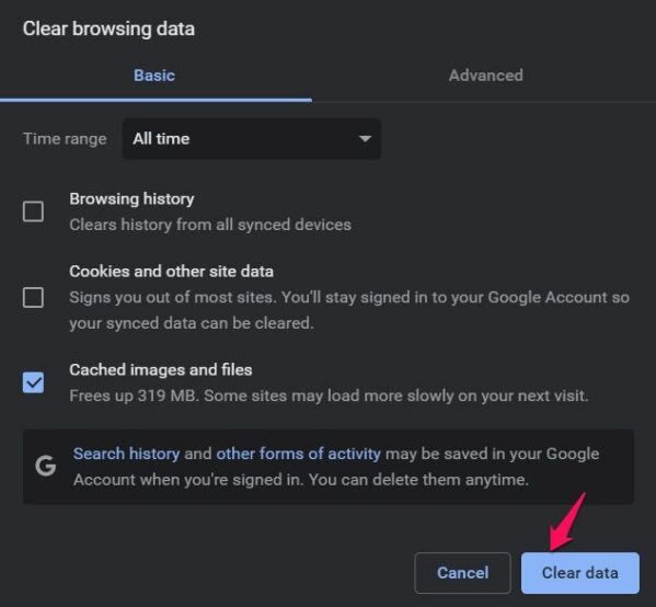 Clear Cache Data Google Chrome