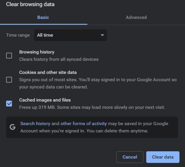 Clear Google Chrome cache data