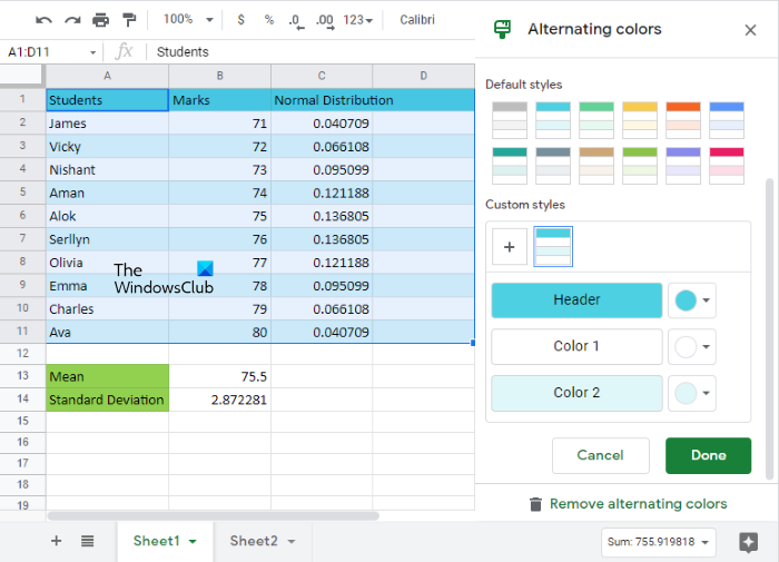 Color alternate rows in Google Sheets