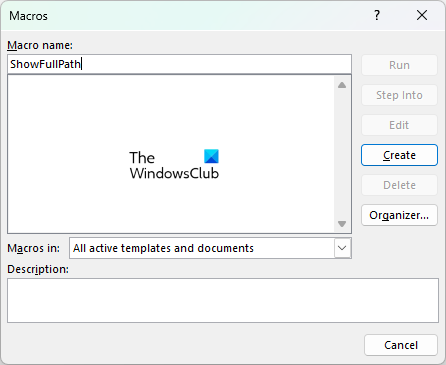 Create Macro in Word to show file path