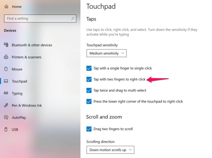 Enable two finger to right-click on Windows 10