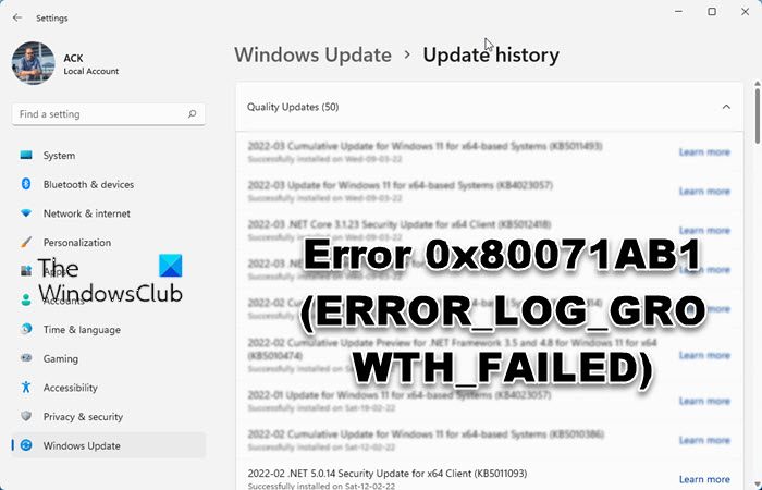 Error 0x80071AB1 (ERROR_LOG_GROWTH_FAILED)