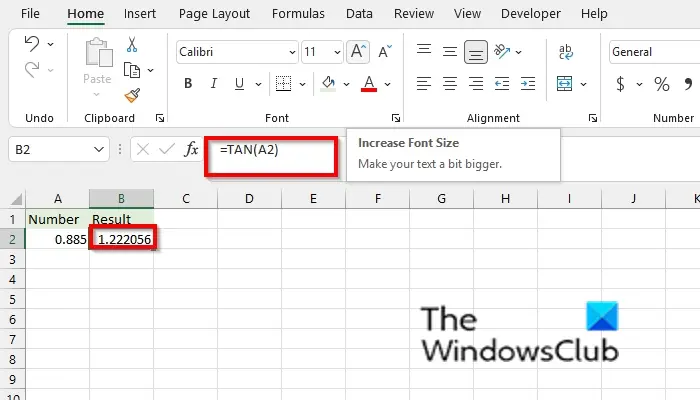 TAN function in Microsoft Excel