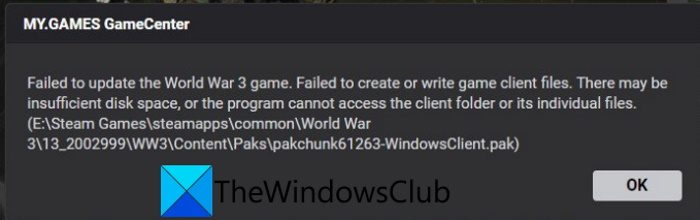 Failed to update the World War 3 game error