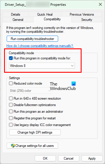 Install driver in Compatibility mode