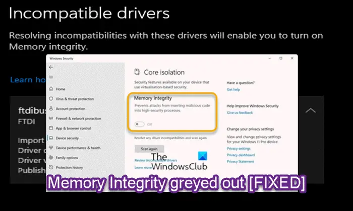 Memory Integrity greyed out or won't turn On/Off
