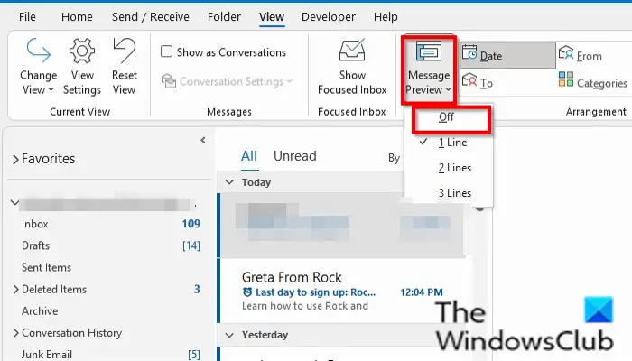How to turn off Message Preview in Outlook
