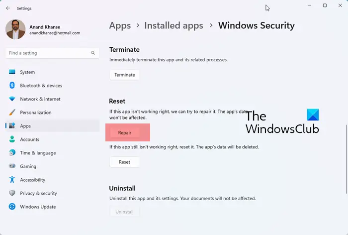Repair or Reset Windows Security or Reinstall Defender