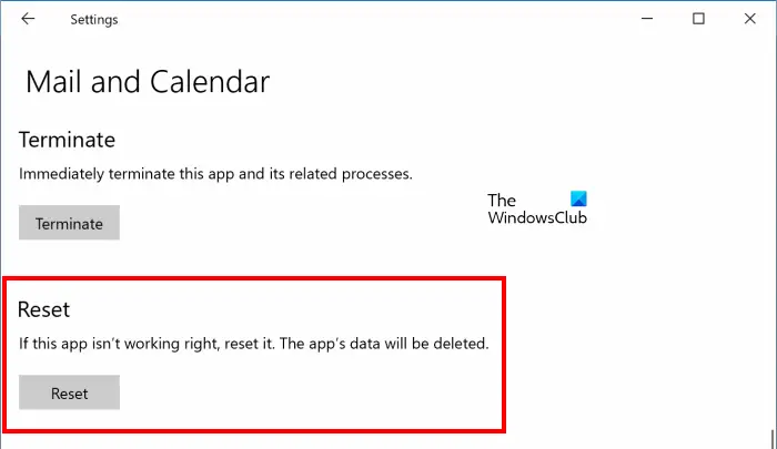 Reset Mail and Calendar app Windows 10