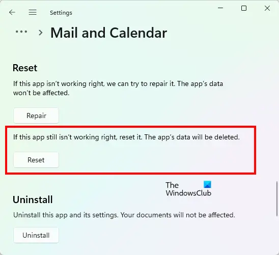 Reset Mail and Calendar app Windows 11