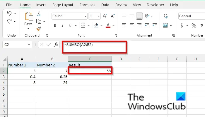 How to use the SUMSQ function in Excel