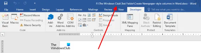 Show file path in Title Bar in Word