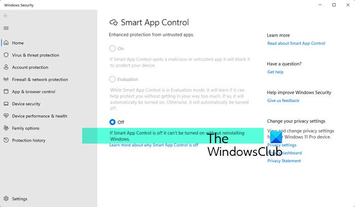 Smart App Control is off