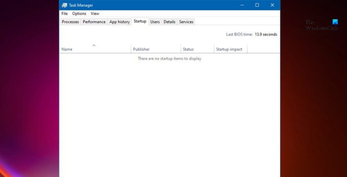 There are no startup items to display in Task Manager
