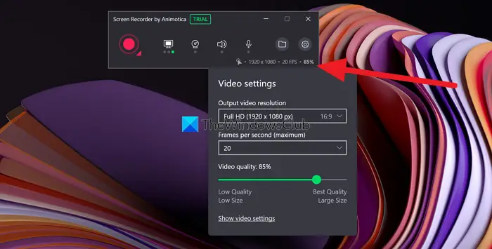Video settings on Screen Recorder by Animotica