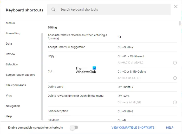 View keyboard shortcuts list in Google Sheets