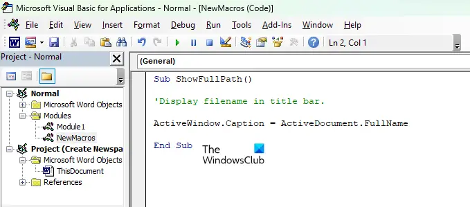 Write Macro in Word to show file path