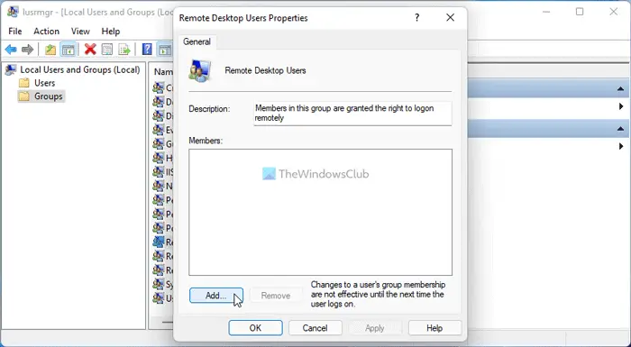 How to add or remove Remote Desktop users using Local Users and Groups