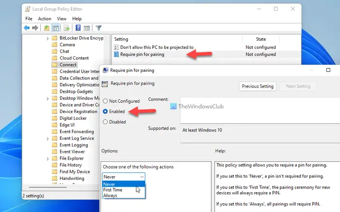 How to allow or block Windows from asking for PIN for projection pairing
