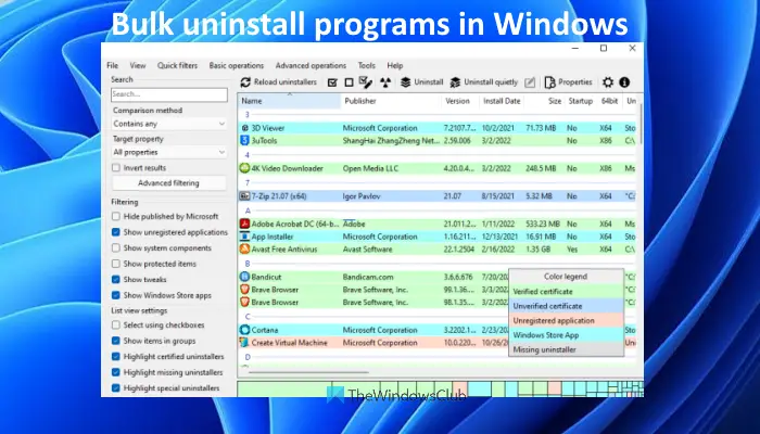 bulk uninstall programs in windows
