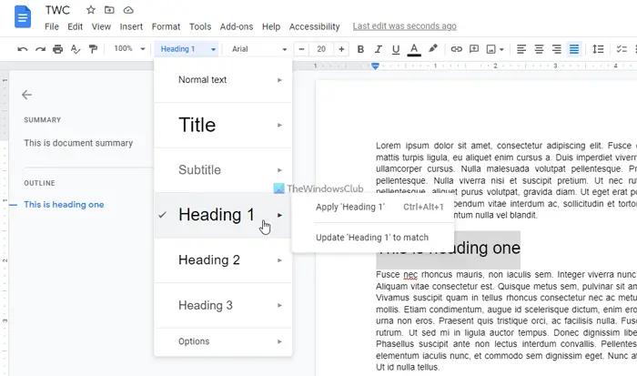 How to create document outline in Google Docs