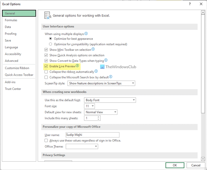 How to enable or disable Live Preview in Word, Excel, PowerPoint