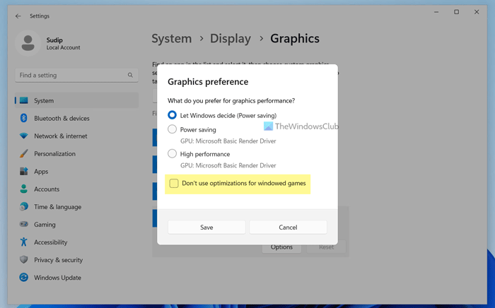 How to enable or disable Optimizations for windowed games in Windows 11