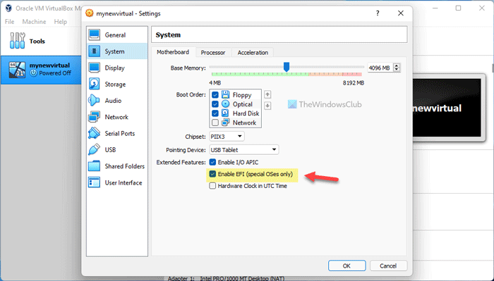 How to enable EFI in VirtualBox virtual machine
