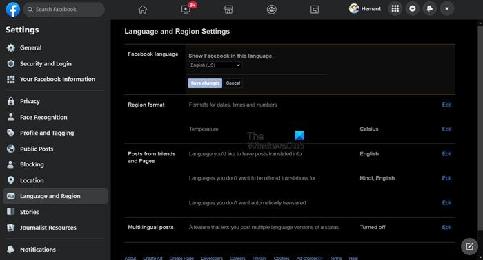 Facebook Language English