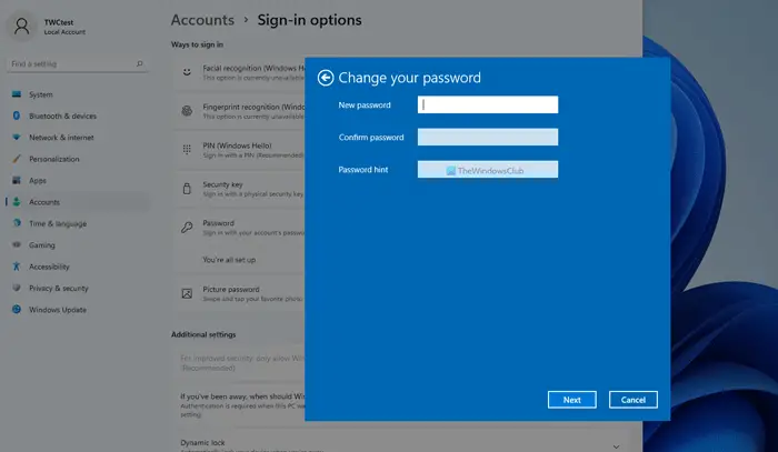 Set or Change Windows 11/ 10 Sign in options like Password, PIN, Picture Password