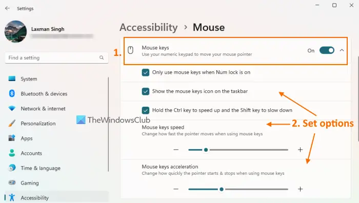 turn on mouse keys using settings