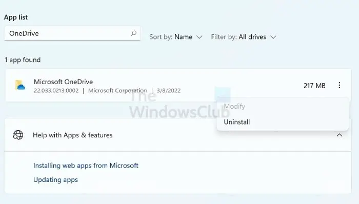 uninstall OneDrive Windows