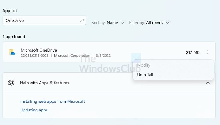 uninstall OneDrive Windows