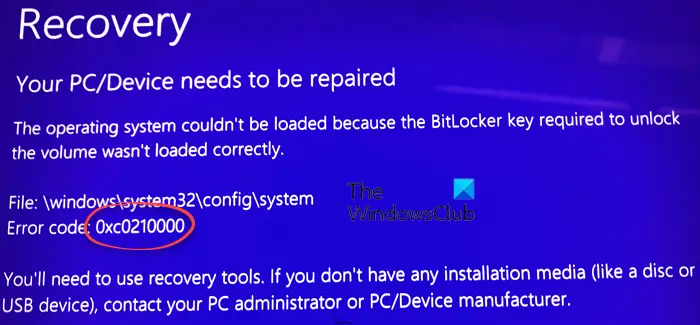 0xC0210000, BitLocker key required to unlock the volume wasn't loaded correctly
