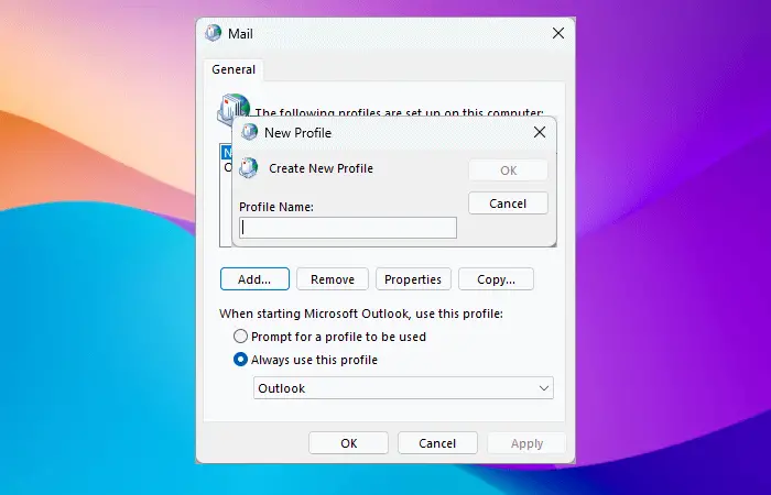 Add new profile to Outlook