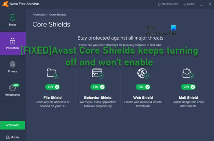 Avast Core Shields keeps turning off and won’t enable