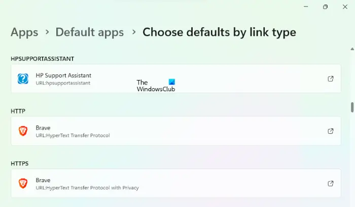 Change default apps by link type Windows 11