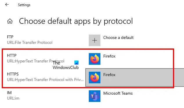 Choose default apps by protocol Windows 10