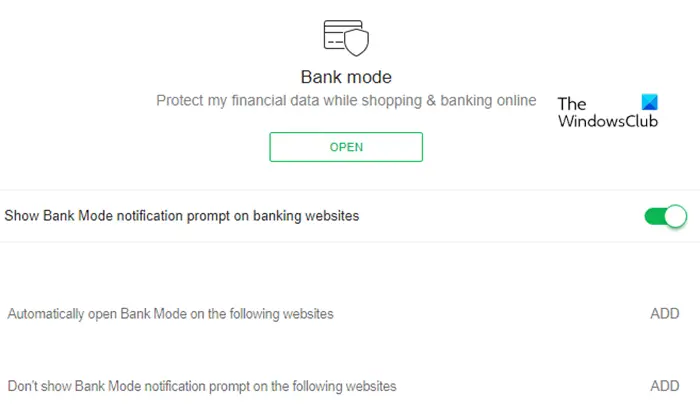 Configure some settings within Bank Mode