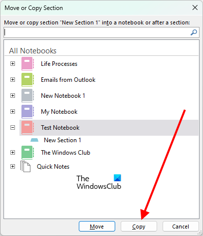 Copy a section to another in OneNote